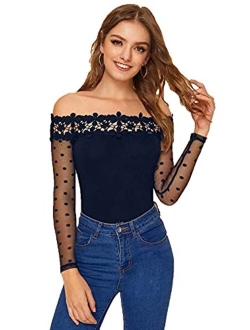 Women's Sheer Mesh Long Sleeve Off Shoulder Lace Slim Fit Tee Shirt Top