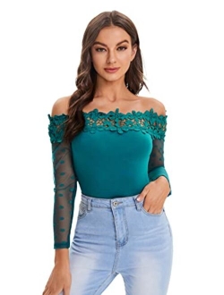 Women's Sheer Mesh Long Sleeve Off Shoulder Lace Slim Fit Tee Shirt Top