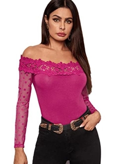 Women's Sheer Mesh Long Sleeve Off Shoulder Lace Slim Fit Tee Shirt Top