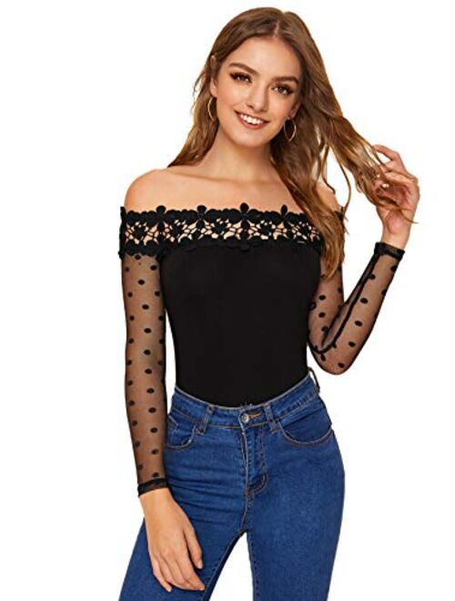 Verdusa Women's Sheer Mesh Long Sleeve Off Shoulder Lace Slim Fit Tee Shirt Top