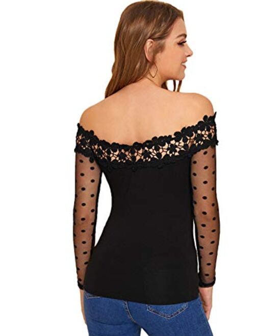 Verdusa Women's Sheer Mesh Long Sleeve Off Shoulder Lace Slim Fit Tee Shirt Top