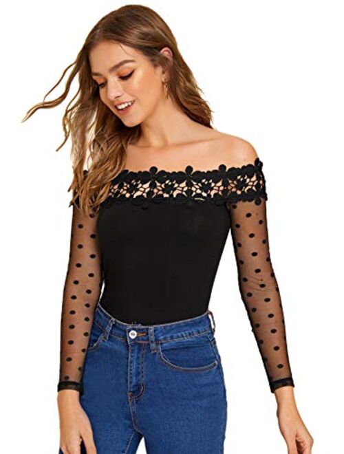 Verdusa Women's Sheer Mesh Long Sleeve Off Shoulder Lace Slim Fit Tee Shirt Top