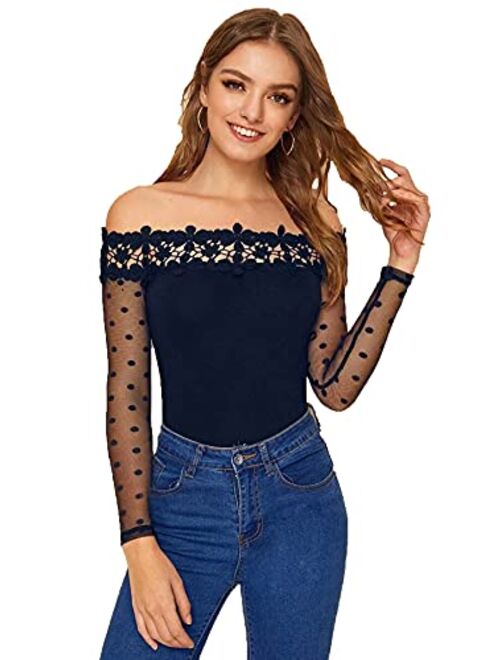 Verdusa Women's Sheer Mesh Long Sleeve Off Shoulder Lace Slim Fit Tee Shirt Top