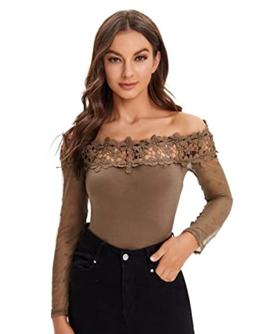 Verdusa Women's Sheer Mesh Long Sleeve Off Shoulder Lace Slim Fit Tee Shirt Top