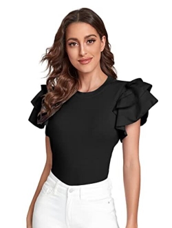 Women's Layered Ruffle Butterfly Sleeve Round Neck Blouse Tee Top