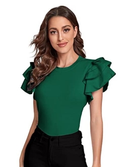 Women's Layered Ruffle Butterfly Sleeve Round Neck Blouse Tee Top