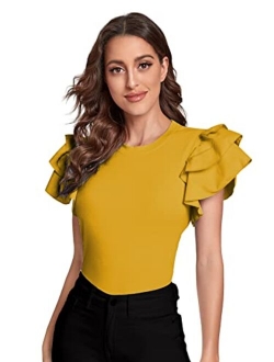 Women's Layered Ruffle Butterfly Sleeve Round Neck Blouse Tee Top