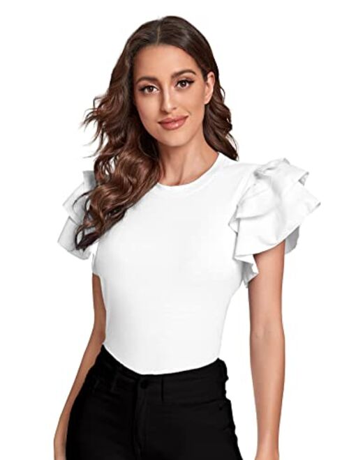 Verdusa Women's Layered Ruffle Butterfly Sleeve Round Neck Blouse Tee Top