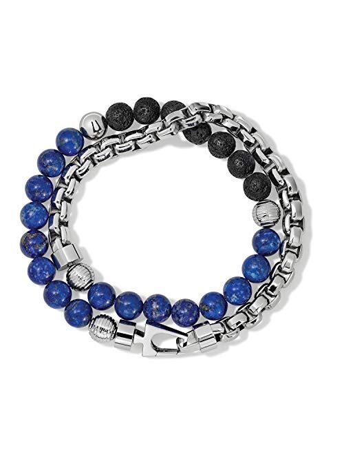 Bulova Mens Classic Double-Wrap Lapis, Black Lava and Stainless Steel Bead and Box-Chain Bracelet (Model J96B024M)