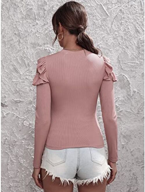 Verdusa Women Casual Ruffle Trim Top Long Sleeve Blouse Cutout Solid Tee Shirt