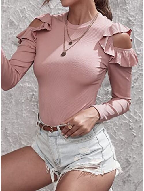 Verdusa Women Casual Ruffle Trim Top Long Sleeve Blouse Cutout Solid Tee Shirt