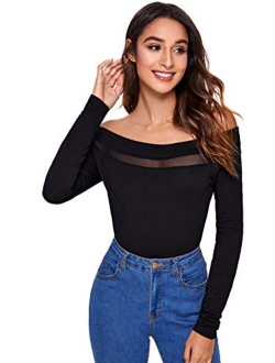 Women's Sexy Off Shoulder Short Sleeve Slim Fit Mesh Insert Top Shirt