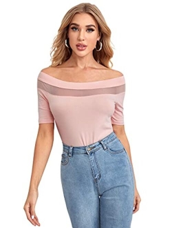 Women's Sexy Off Shoulder Short Sleeve Slim Fit Mesh Insert Top Shirt