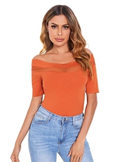 Women's Sexy Off Shoulder Short Sleeve Slim Fit Mesh Insert Top Shirt