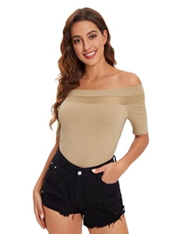 Women's Sexy Off Shoulder Short Sleeve Slim Fit Mesh Insert Top Shirt