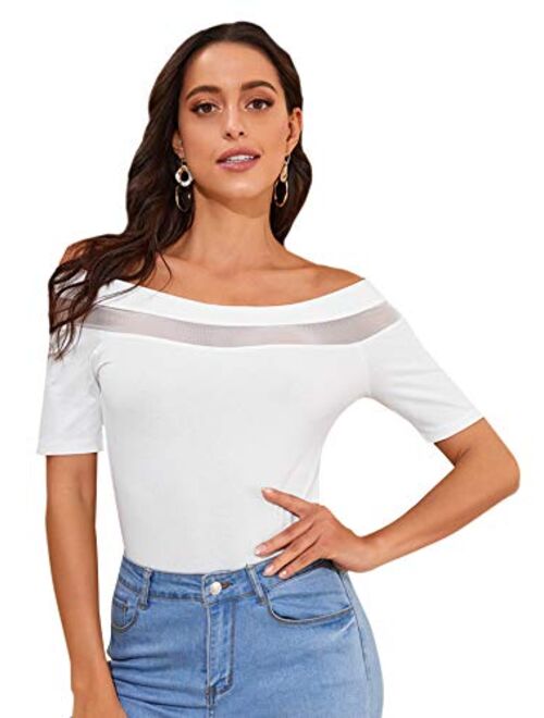 Verdusa Women's Sexy Off Shoulder Short Sleeve Slim Fit Mesh Insert Top Shirt