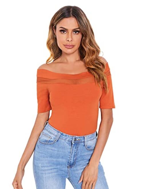 Verdusa Women's Sexy Off Shoulder Short Sleeve Slim Fit Mesh Insert Top Shirt