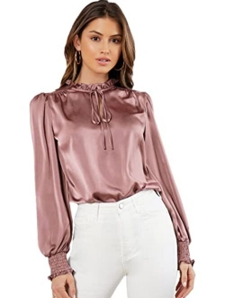 Women's Elegant Tie Neck Long Sleeve Shirred Cuff Satin Blouse Top