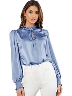 Women's Elegant Tie Neck Long Sleeve Shirred Cuff Satin Blouse Top