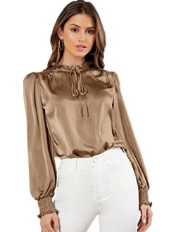 Women's Elegant Tie Neck Long Sleeve Shirred Cuff Satin Blouse Top