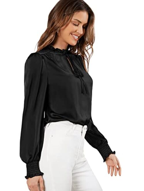 Verdusa Women's Elegant Tie Neck Long Sleeve Shirred Cuff Satin Blouse Top