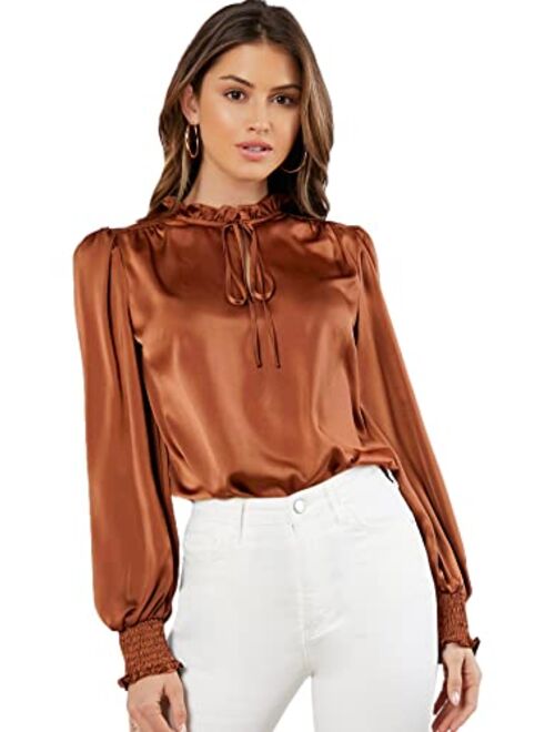 Verdusa Women's Elegant Tie Neck Long Sleeve Shirred Cuff Satin Blouse Top