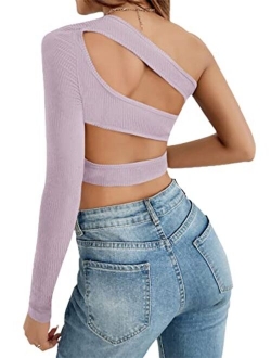 Women's Cut Out Open Back One Shoulder Long Sleeve Crop Tee Top Shirt