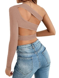 Women's Cut Out Open Back One Shoulder Long Sleeve Crop Tee Top Shirt