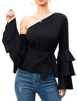 Women One Shoulder Layered Ruffle Sleeve Blouse Self Belted Tee Shirt Top