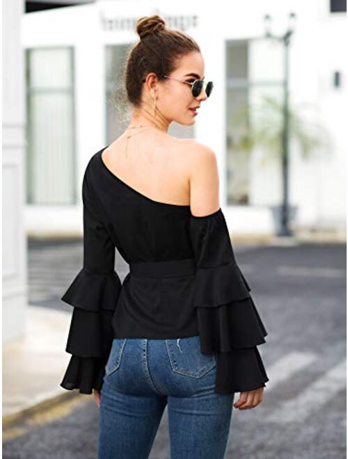 Verdusa Women One Shoulder Layered Ruffle Sleeve Blouse Self Belted Tee Shirt Top