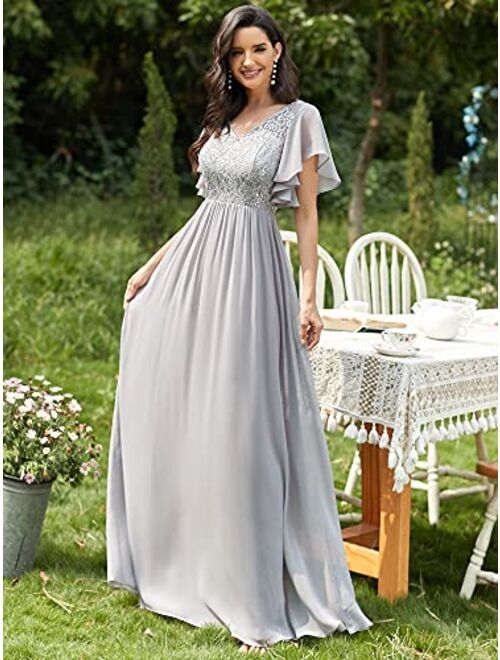 Ever-Pretty Women's Elegant V-Neck Ruffles Lace Chiffon Evening Dresses 90035