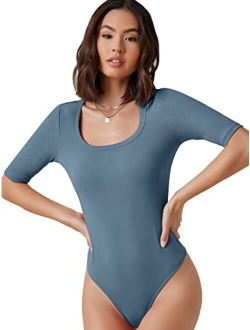 Women's Basic Short Sleeve Scoop Neck Jumpsuits Leotard Bodysuit Shirts