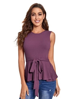 Women's Elegant Sleeveless Notch Neck Peplum Blouse Belted Top