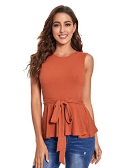 Women's Elegant Sleeveless Notch Neck Peplum Blouse Belted Top