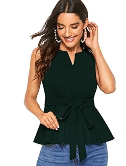 Women's Elegant Sleeveless Notch Neck Peplum Blouse Belted Top