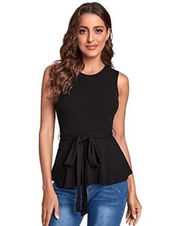 Women's Elegant Sleeveless Notch Neck Peplum Blouse Belted Top