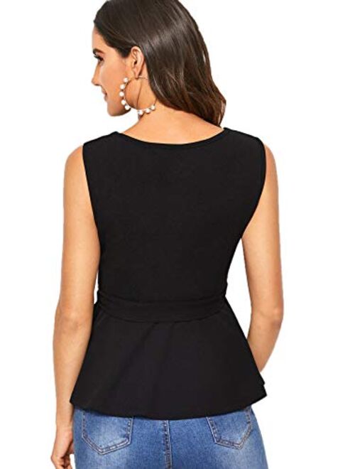 Verdusa Women's Elegant Sleeveless Notch Neck Peplum Blouse Belted Top