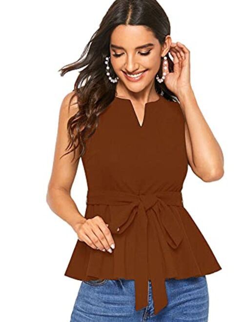 Verdusa Women's Elegant Sleeveless Notch Neck Peplum Blouse Belted Top