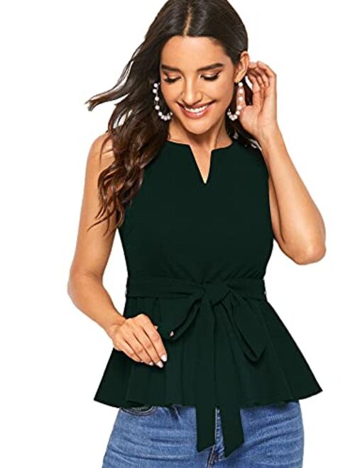 Verdusa Women's Elegant Sleeveless Notch Neck Peplum Blouse Belted Top