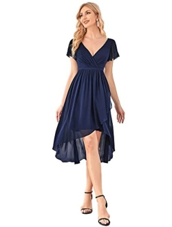 Women's Short Deep V-Neck Chiffon Bridesmaid Dresses with Sleeves 80068