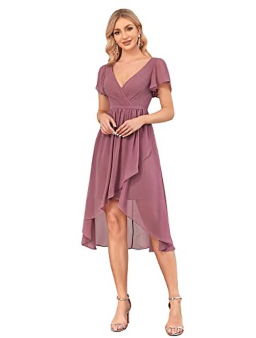 Ever-Pretty Women's Short Deep V-Neck Chiffon Bridesmaid Dresses with Sleeves 80068