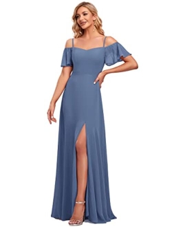 Women's Off-Shoulder A-line Side Slit Chiffon Bridesmaid Prom Dresses with Sleeves 0237