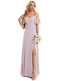 Women's Off-Shoulder A-line Side Slit Chiffon Bridesmaid Prom Dresses with Sleeves 0237