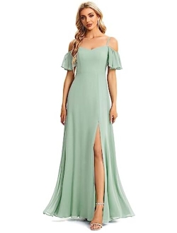 Women's Off-Shoulder A-line Side Slit Chiffon Bridesmaid Prom Dresses with Sleeves 0237