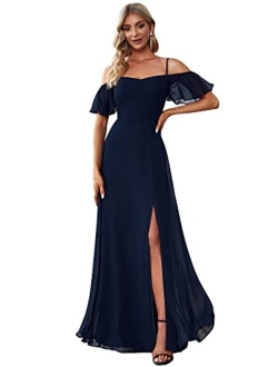 Women's Off-Shoulder A-line Side Slit Chiffon Bridesmaid Prom Dresses with Sleeves 0237