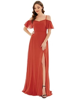 Women's Off-Shoulder A-line Side Slit Chiffon Bridesmaid Prom Dresses with Sleeves 0237