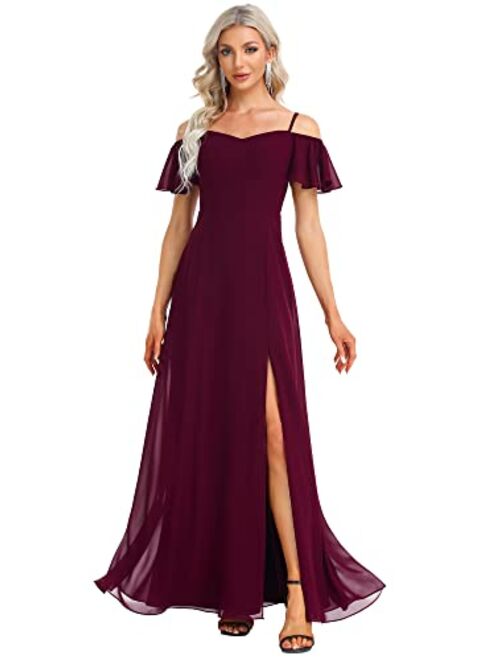 Ever-Pretty Women's Off-Shoulder A-line Side Slit Chiffon Bridesmaid Prom Dresses with Sleeves 0237