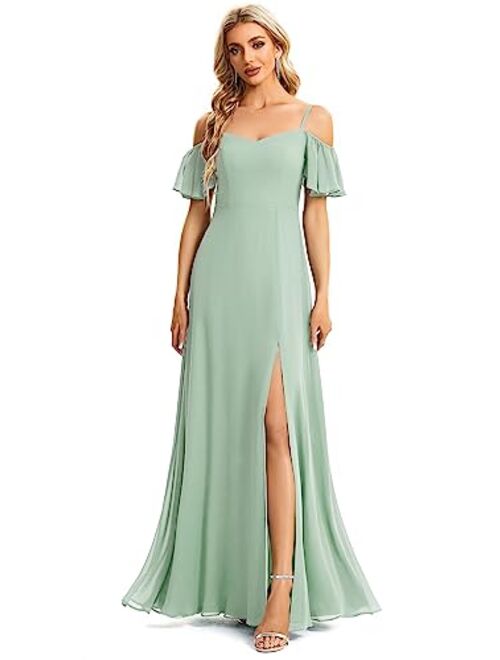 Ever-Pretty Women's Off-Shoulder A-line Side Slit Chiffon Bridesmaid Prom Dresses with Sleeves 0237