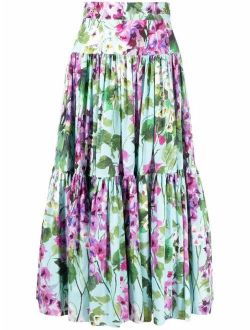 Bluebell-print ruffled poplin skirt