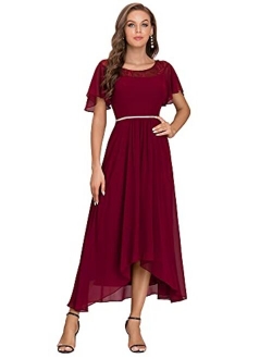 Women's Elegant A-line Short Sleeve High Low Chiffon Midi Bridesmaid Dress 0465